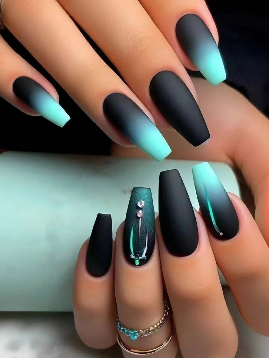 Gradient Press-On Nail Set with Rhinestone Detail - 24 Pieces — product image 1