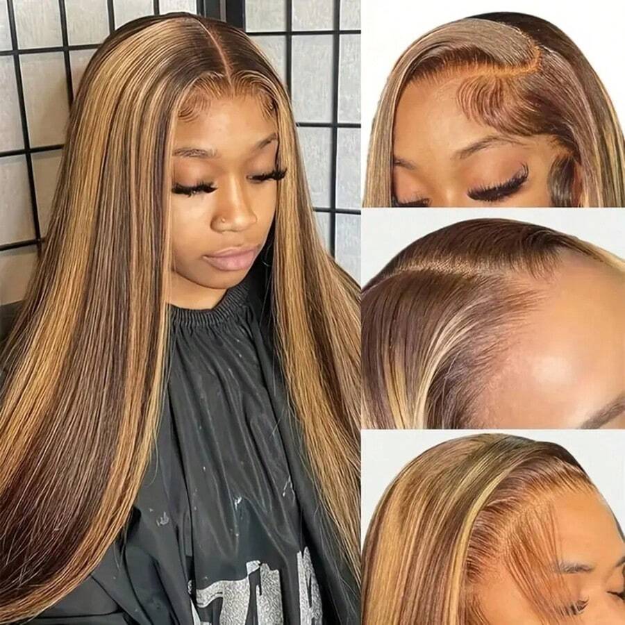 Brazilian Virgin Hair 5x5 HD Seamless Frontal Wig, Human Hair Blend, Pre-Trimmed 200% Density, #4/27 Honey Blonde Ombre Highlight Straight Hair, Glueless Wig For Women, 13x4 13x6 Brazilian Frontal With Baby Hair HD Seamless Lace Frontal